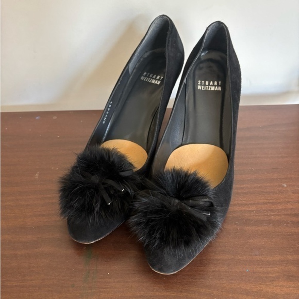 Stuart Weitzman Black Heels with Fur Pom Poms- GUC
